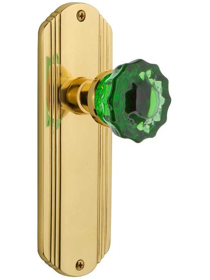 Streamline Deco Door Set with Colored Fluted Crystal Glass Knobs Emerald in Un-Lacquered Brass.